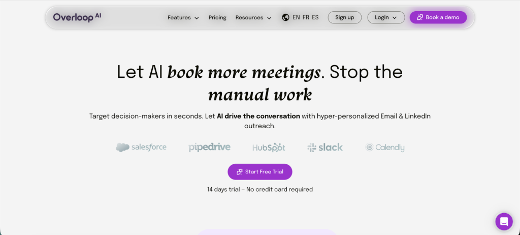 Overloop AI homepage promoting AI-driven email and LinkedIn outreach for booking more meetings. 