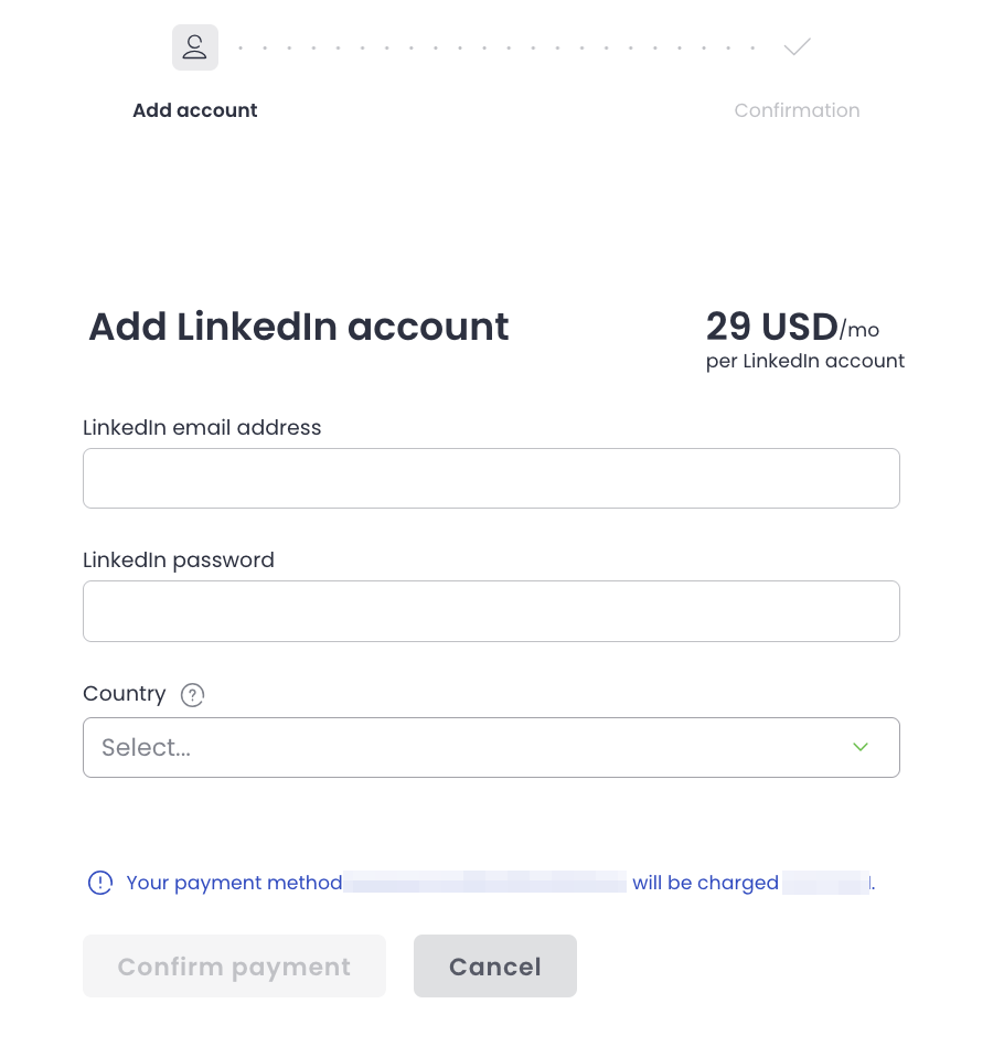 Woodpecker add LinkedIn account screen with fields for LinkedIn email address, password, and country, plus a 29 USD monthly charge notice.