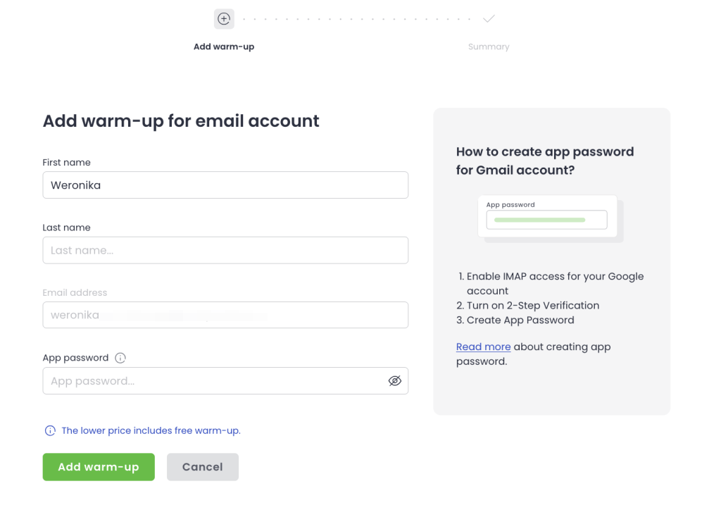 Woodpecker add warm-up screen for an email account with fields for name, email address, and Gmail app password.