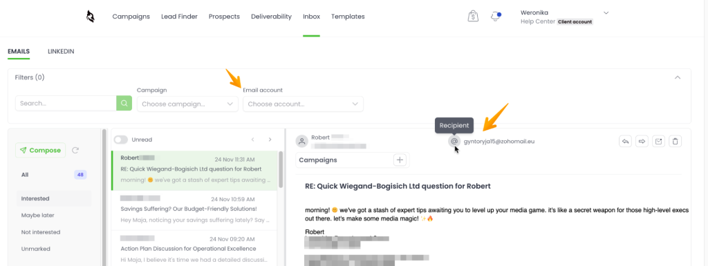 Woodpecker inbox view showing email filters, campaign and email account selection, and a recipient email highlighted in a message thread.
