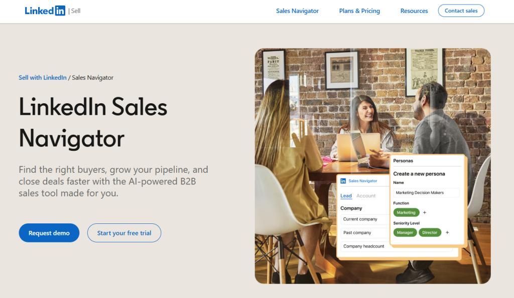 LinkedIn Sales Navigator homepage showing a B2B sales tool for finding buyers, growing pipeline, and closing deals faster.