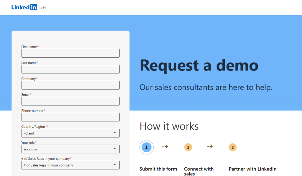 LinkedIn Sales Navigator demo request page with a form for contact details and a three-step process for connecting with sales.