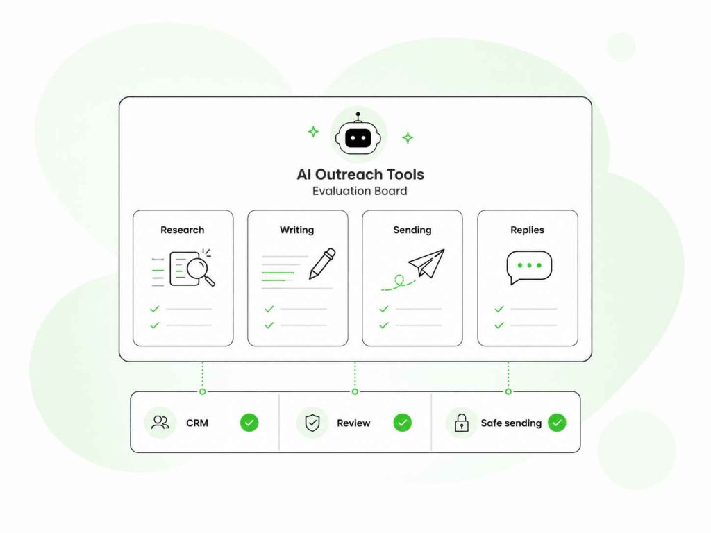 AI outreach tool evaluation across research, writing, sending, replies, CRM, review, and safe sending.