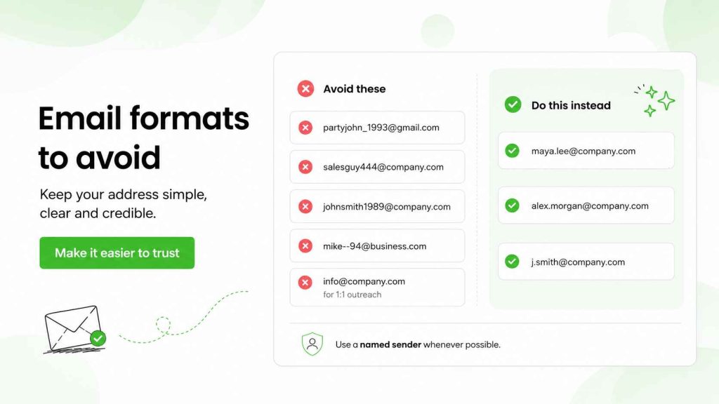 Unprofessional email formats to avoid and credible alternatives for business outreach.
