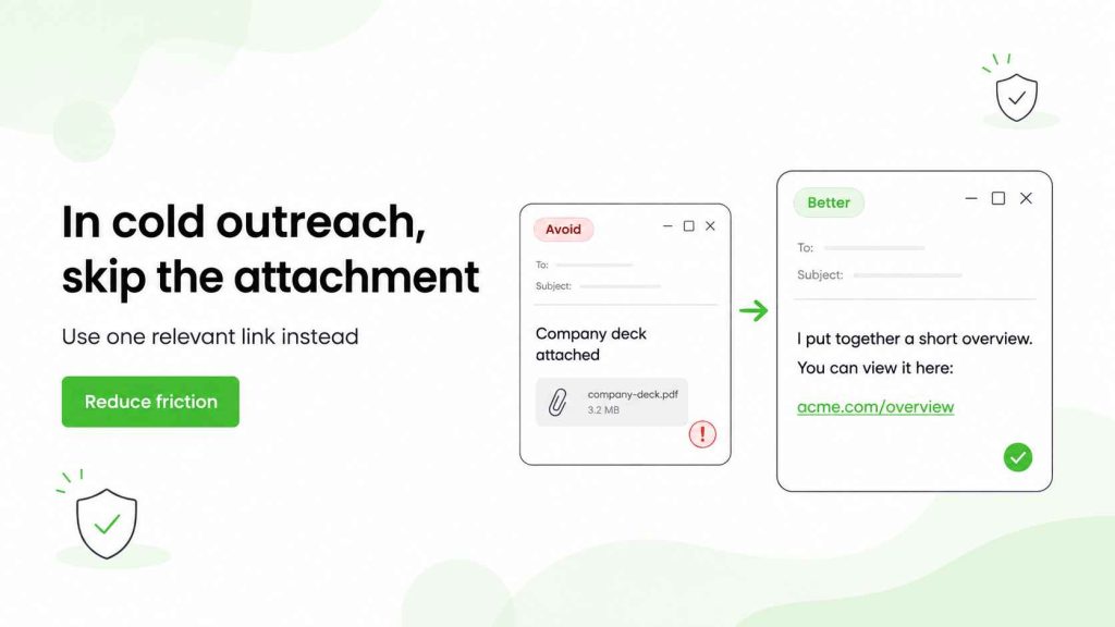 Comparison recommending a relevant link instead of a file attachment in cold outreach to reduce friction.