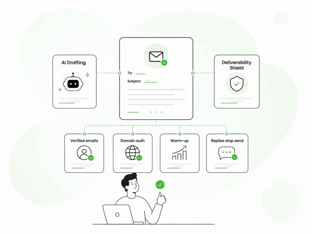 AI email drafting supported by verified contacts, domain authentication, warm-up, and reply monitoring.
