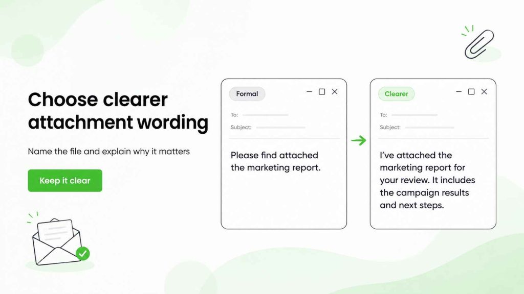 Comparison between vague formal attachment wording and a clearer message that names the report and explains its contents.
