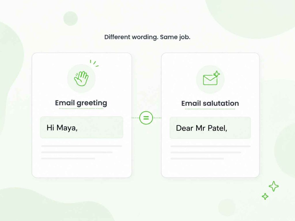 Email greeting and email salutation shown as different terms for the same opening.