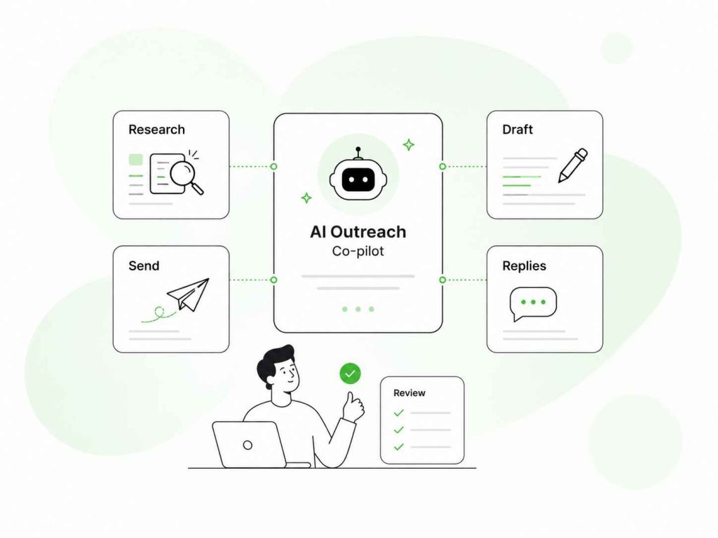 AI outreach co-pilot supporting research, drafting, sending, replies, and human review.