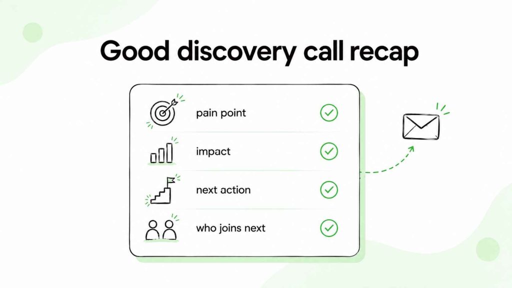 Discovery call recap checklist covering the pain point, business impact, next action, and participants for the next conversation.