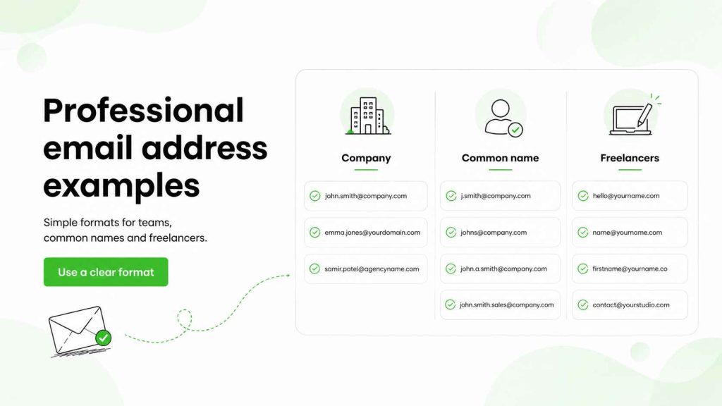 Professional email address examples for companies, common names, and freelancers.
