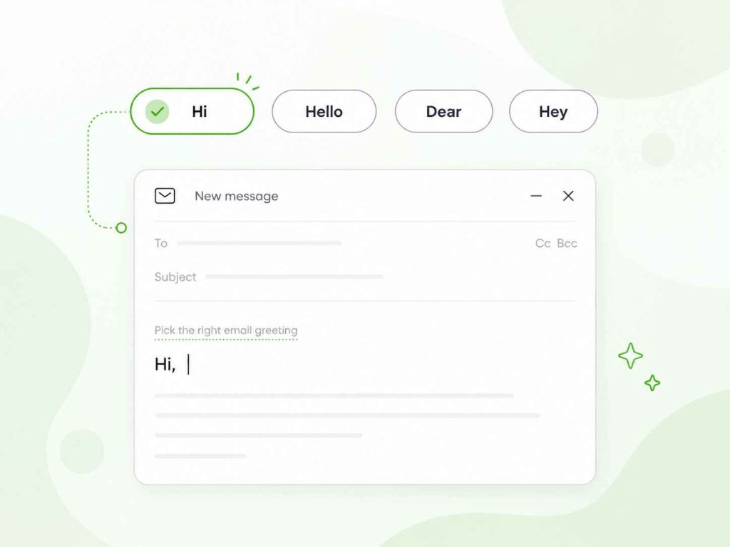 Email draft with “Hi” selected from several greeting options.