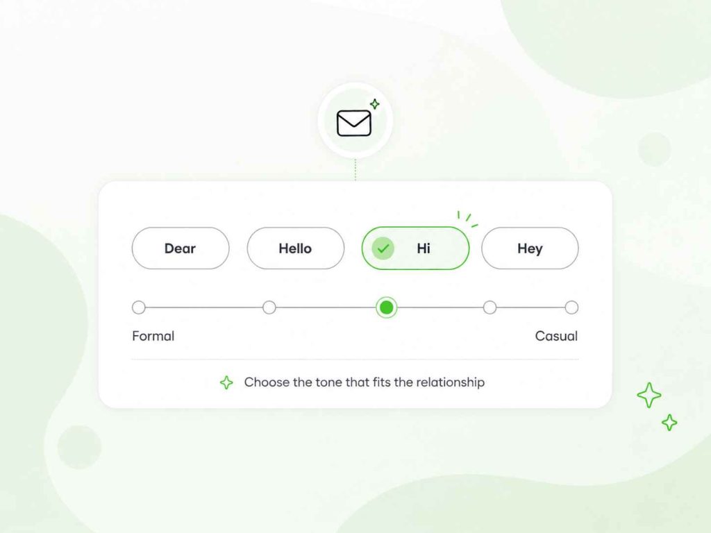 Email greetings arranged from formal to casual, with “Hi” selected.