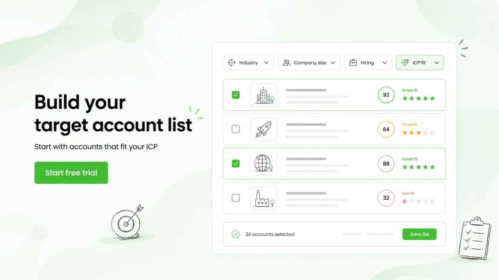 Target account list filtered by industry, company size, hiring activity, and ICP fit scores.