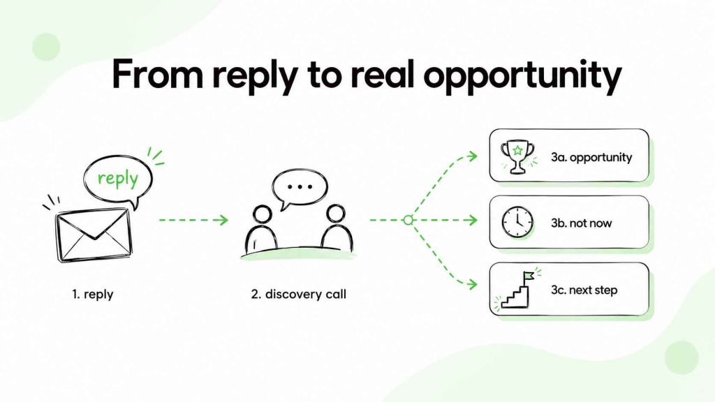 Sales journey from a prospect reply to a discovery call and an opportunity, later follow-up, or next step.