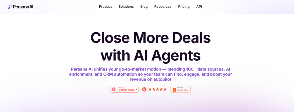 Persana AI homepage presenting AI agents that combine data enrichment and CRM automation for go-to-market teams.