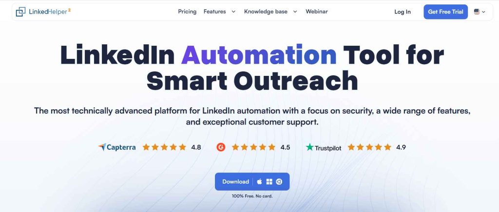 Linked Helper homepage presenting its desktop LinkedIn automation tool for outreach campaigns.