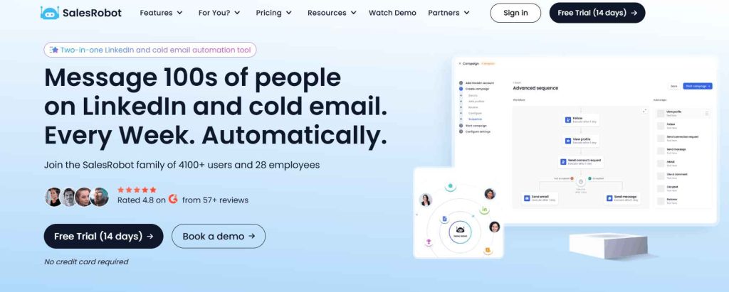 SalesRobot homepage promoting automated LinkedIn and cold email outreach campaigns.