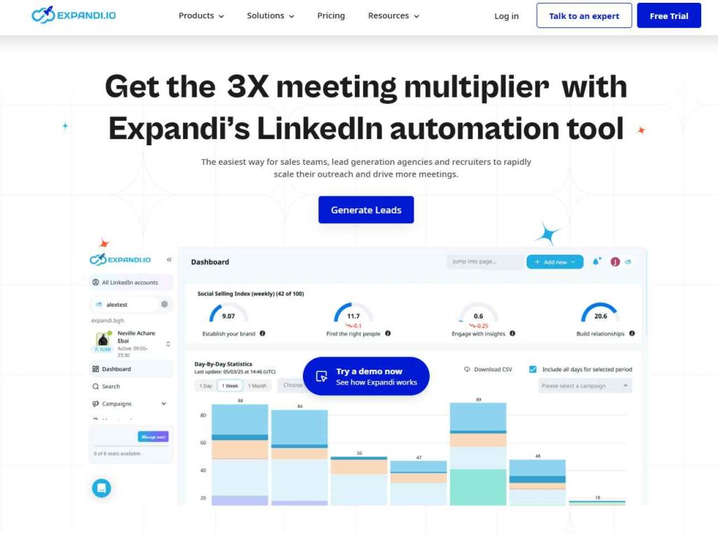 Expandi homepage presenting its LinkedIn automation platform and campaign dashboard.