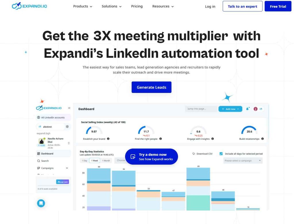 Expandi homepage presenting its LinkedIn automation platform and campaign dashboard.