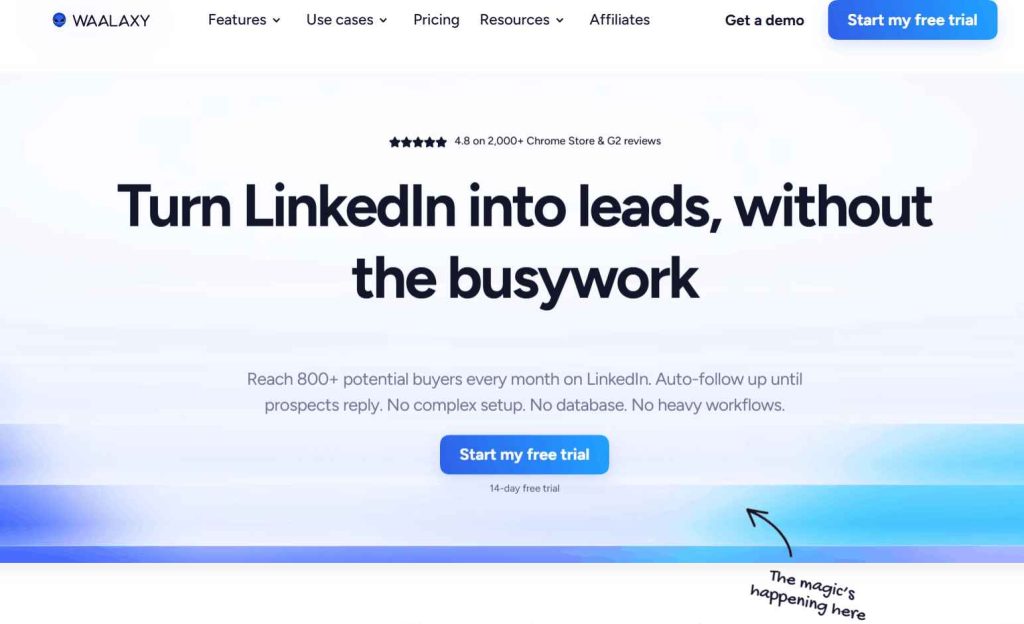 Waalaxy homepage promoting automated LinkedIn prospecting and follow-up for lead generation.