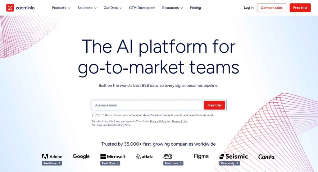 ZoomInfo homepage presenting its AI-powered B2B data platform for go-to-market teams.