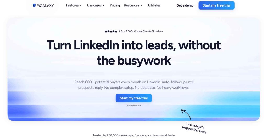 Waalaxy homepage promoting automated LinkedIn prospecting and follow-up for lead generation.