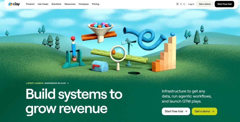 Clay homepage promoting infrastructure for sourcing data, running agentic workflows, and launching go-to-market campaigns.