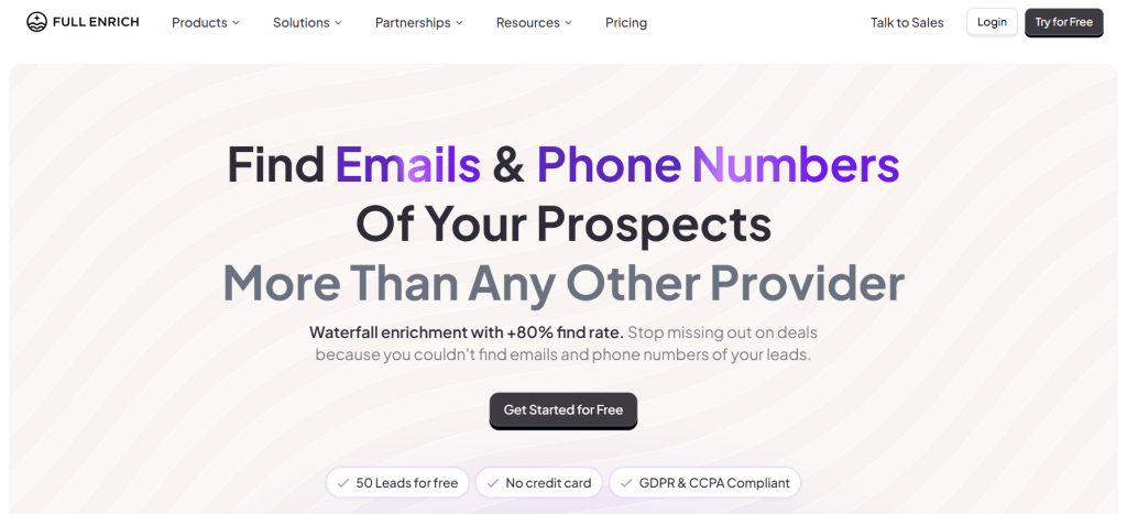 FullEnrich homepage promoting waterfall enrichment for finding prospects’ email addresses and phone numbers.
