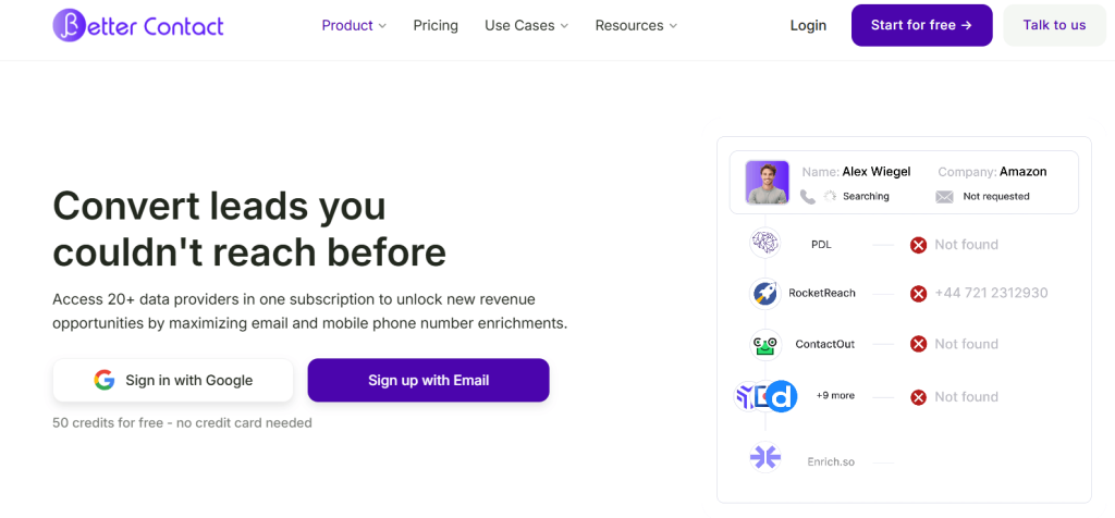 BetterContact homepage promoting access to multiple data providers for email and mobile phone number enrichment.