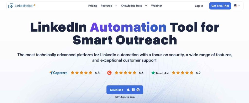 Linked Helper homepage presenting its desktop LinkedIn automation tool for outreach campaigns.