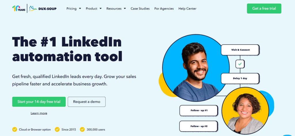 Dux-Soup homepage presenting its LinkedIn automation tool for lead generation and follow-up.