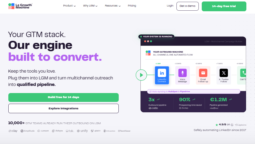 La Growth Machine homepage promoting automated multichannel outreach across LinkedIn, email, voice, and other channels.