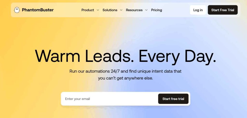 PhantomBuster homepage promoting automated lead generation and intent data collection.