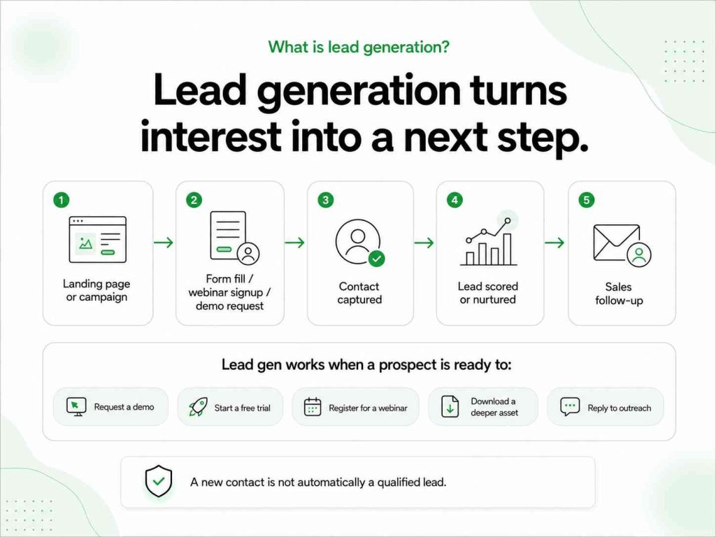 Lead generation workflow from a landing page and form submission to contact capture, lead nurturing, and sales follow-up.