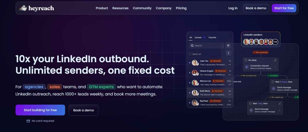HeyReach homepage presenting LinkedIn outreach automation with unlimited senders for agencies and sales teams.