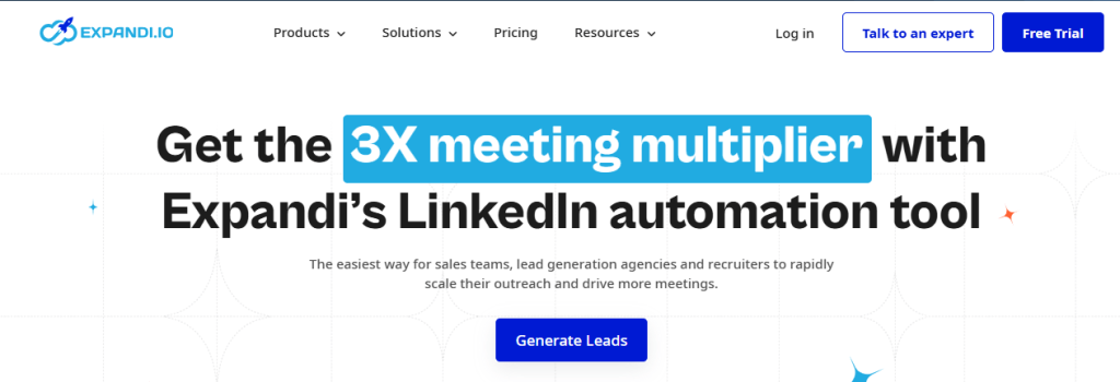 Expandi homepage promoting LinkedIn automation for scalable lead generation and meeting booking.