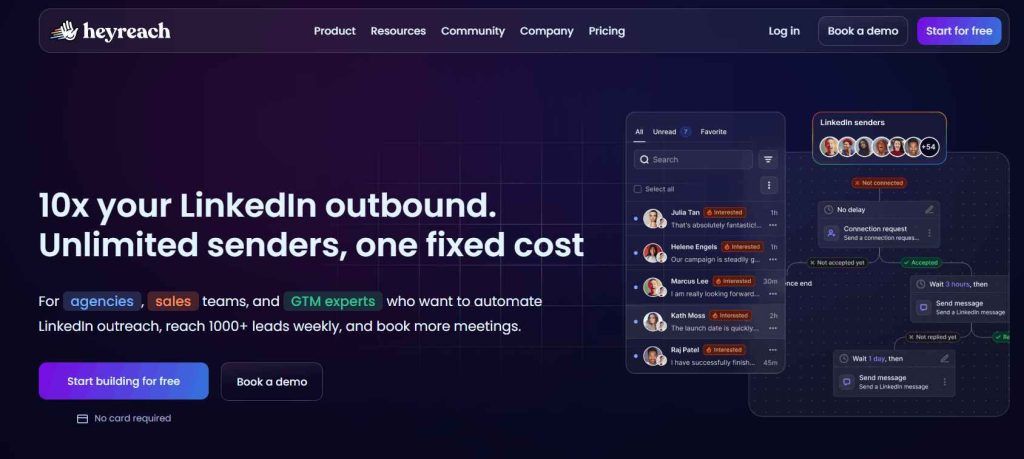 HeyReach homepage presenting multi-account LinkedIn outreach automation for agencies and sales teams.