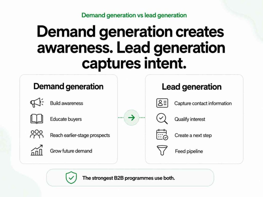Comparison showing demand generation building awareness and educating buyers while lead generation captures and qualifies intent.