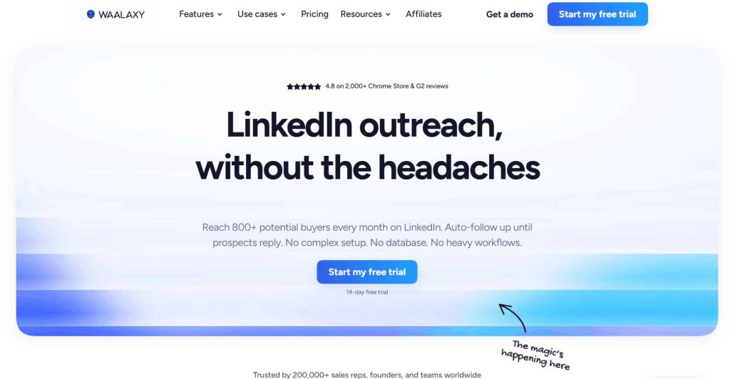 Waalaxy homepage promoting simplified LinkedIn outreach and automated prospect follow-ups.