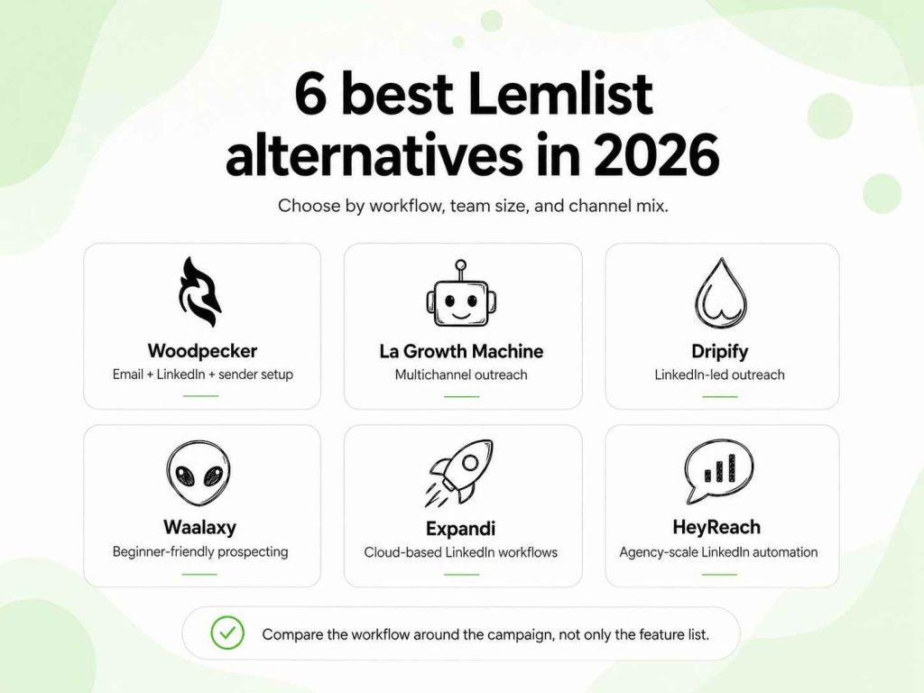 Six Lemlist alternatives compared by workflow: Woodpecker, La Growth Machine, Dripify, Waalaxy, Expandi, and HeyReach.