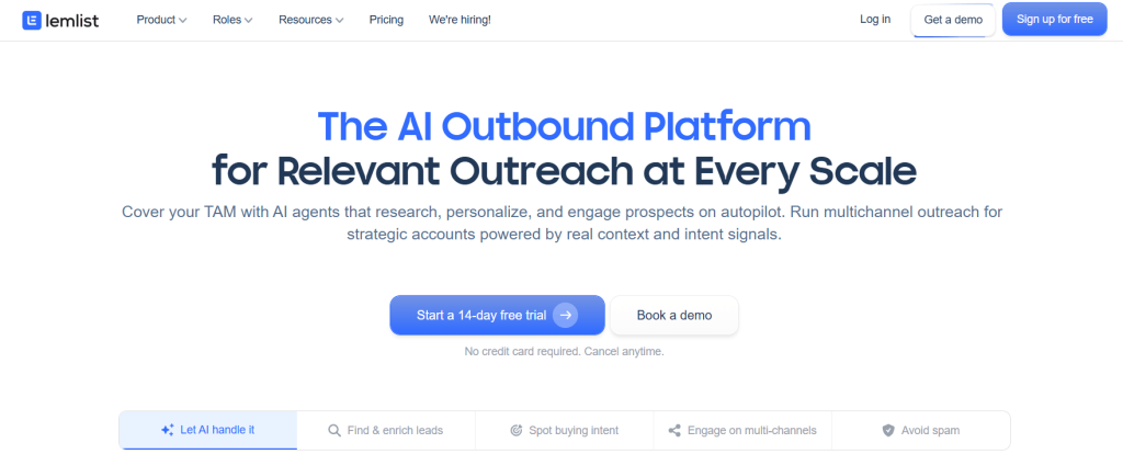 Lemlist homepage presenting an AI-powered multichannel outbound platform for personalized outreach at scale.