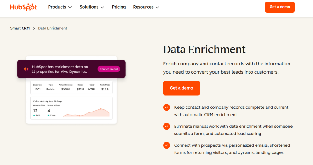 HubSpot webpage presenting automatic CRM enrichment for keeping company and contact records complete and up to date.