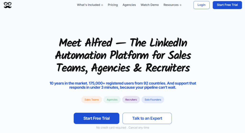 Meet Alfred homepage presenting LinkedIn automation for sales teams, agencies, recruiters, and solo founders.