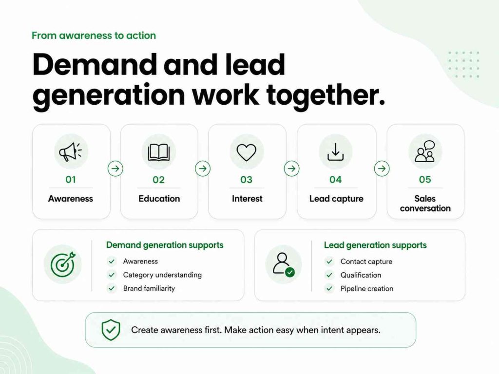 Buyer journey from awareness and education through interest, lead capture, and a sales conversation.