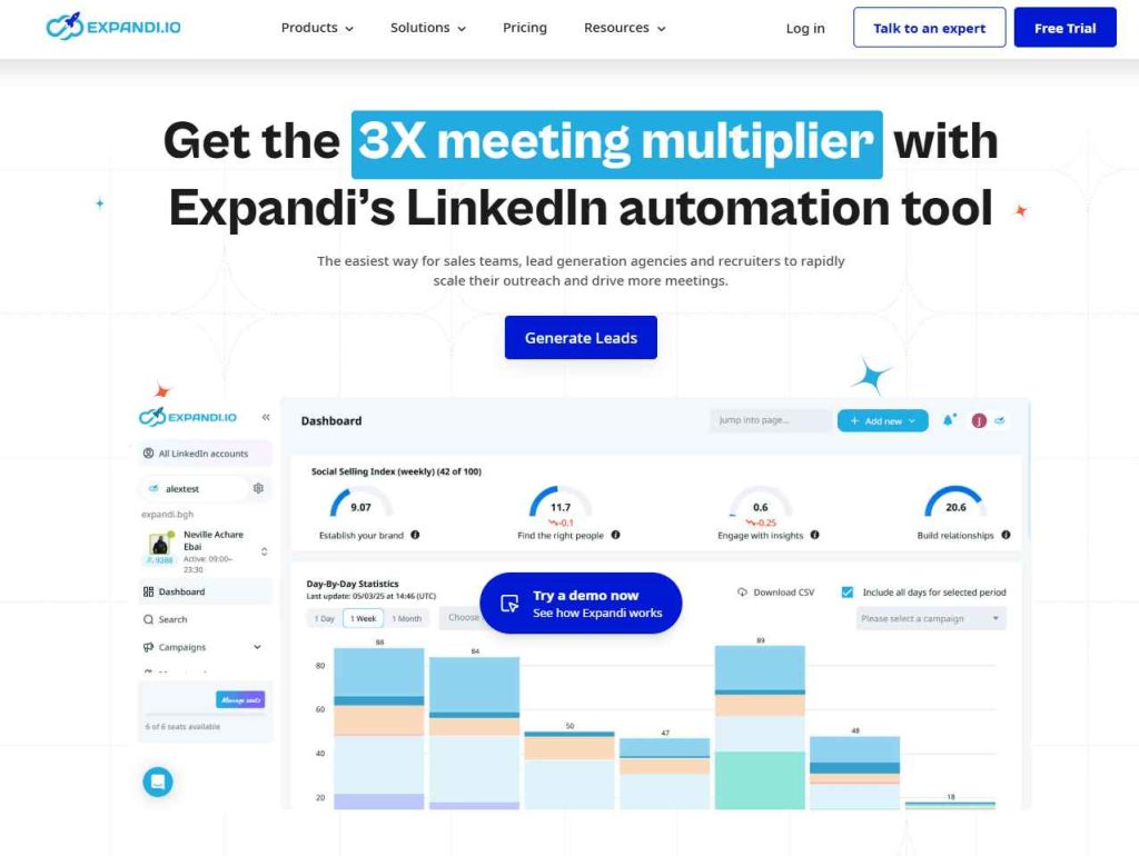Expandi homepage presenting its LinkedIn automation platform for lead generation and sales outreach.