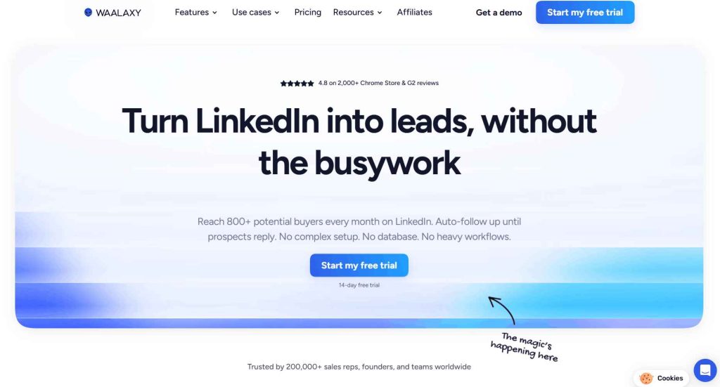 Waalaxy homepage presenting automated LinkedIn prospecting and follow-up for lead generation.