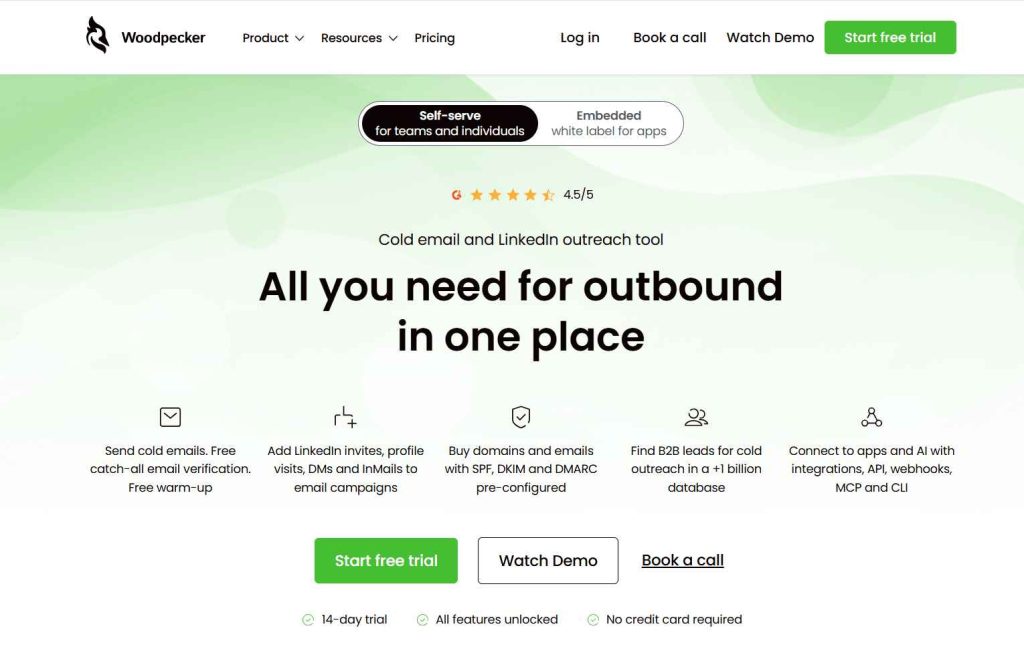 Woodpecker homepage presenting an all-in-one cold email and LinkedIn outreach platform.