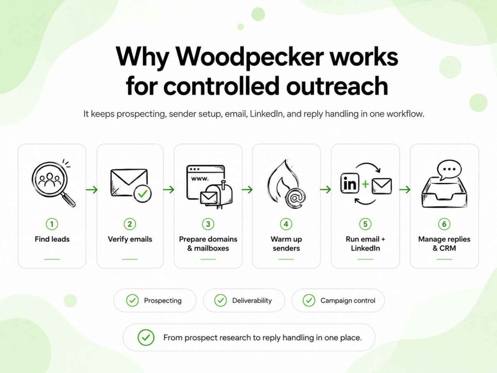 Six-step workflow covering lead finding, email verification, sender setup, warm-up, multichannel campaigns, and reply management.