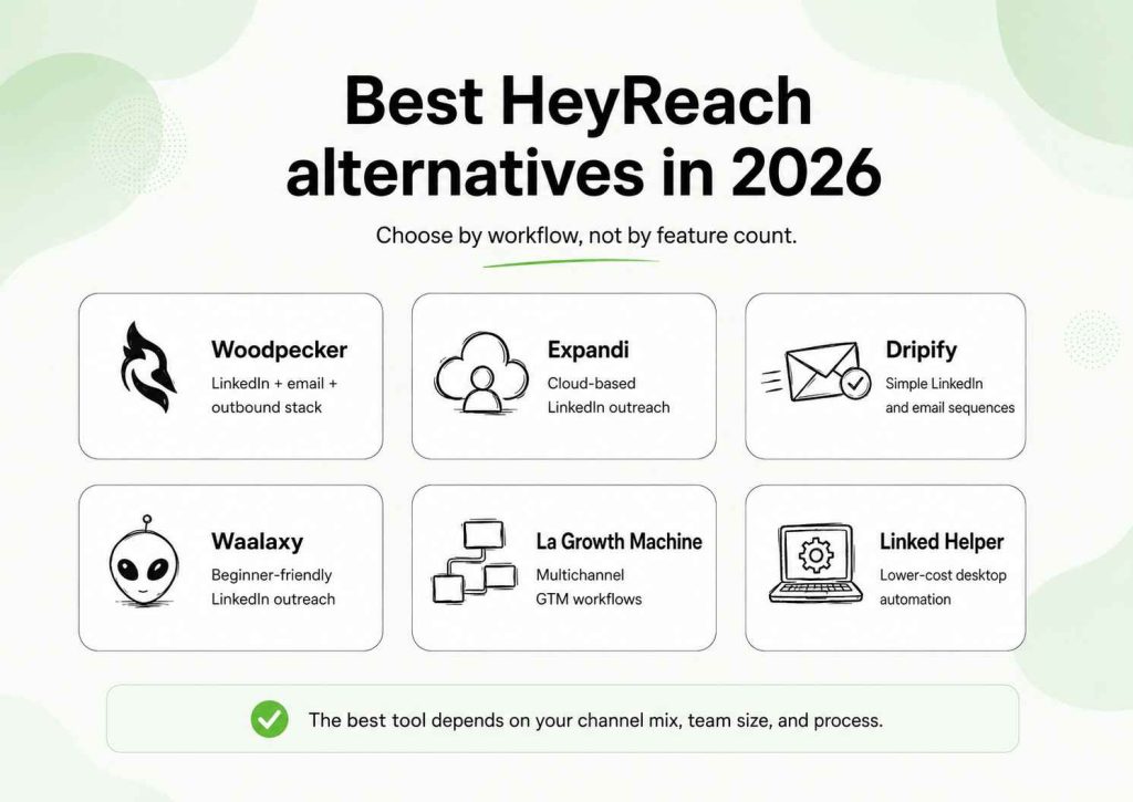 Six HeyReach alternatives compared by workflow: Woodpecker, Expandi, Dripify, Waalaxy, La Growth Machine, and Linked Helper.